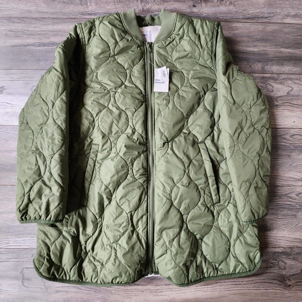 NWT Olive Green Water-Resistant Sherpa-Lined Quilted Zip Jacket Old Navy Sz XL